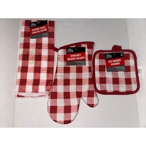 Home Collection Red White Buffalo Check Kitchen Set‎ Oven Mitt Pot Holder Towel